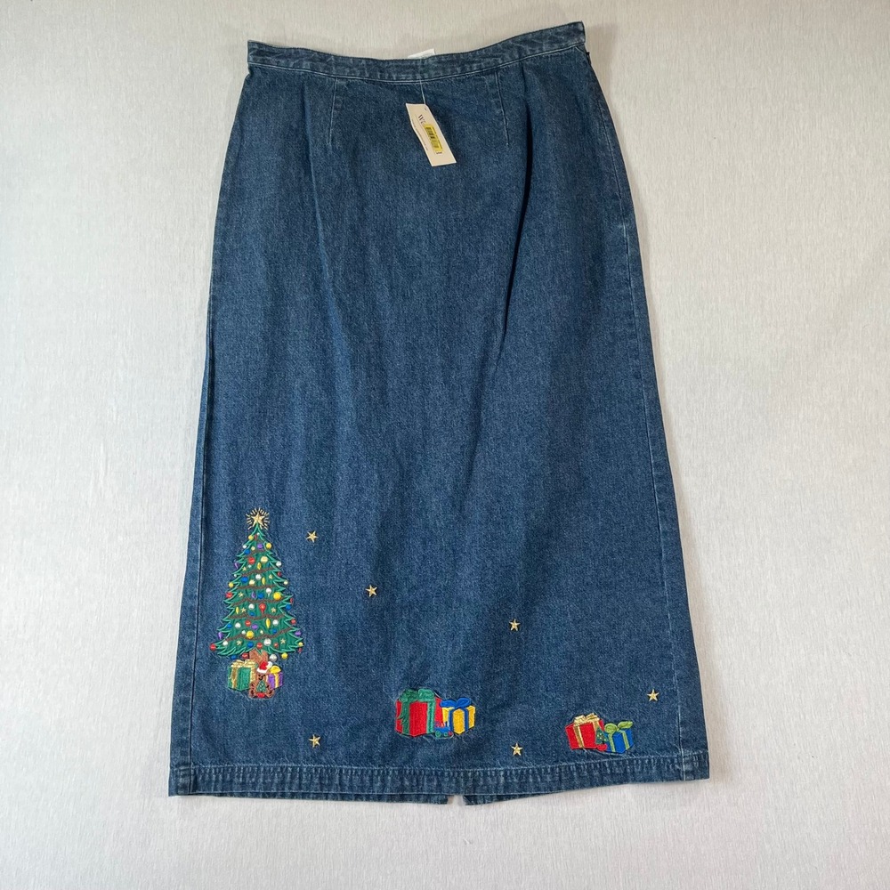 NEW VTG Westbound Denim Maxi Skirt 10 Christmas Embroider Tree Present 2003 NWT